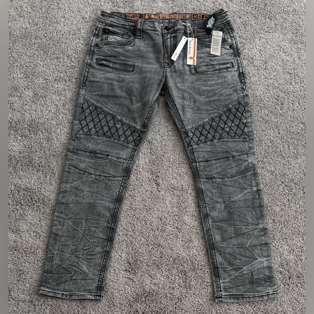 ROCK REVIVAL Mike Biker Tapered Distressed Jeans Grey Black Mens Size 40x33